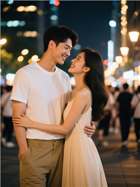 都市街头夜景中相拥的情侣图片